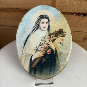 VTG Saint Therese Religious Art Oval Metal Plaque Distressed Relic Byzantine Nun